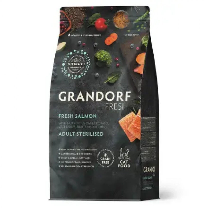 Grandorf Fresh Cat Sterilised Salmon&Sweet Potato 2 кг сухой корм для стерилизованных кошек с филе лосося и бататом Зоомагазин «Корм40»