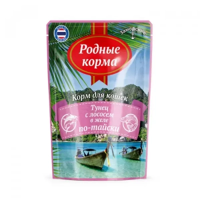 Родные Корма "Заморские" влажный корм для кошек тунец с лососем в желе по-тайски 70 г Зоомагазин «Корм40»