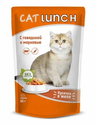 Cat Lunch влажный корм для кошек говядина с морковью в желе 85 г Зоомагазин «Корм40»