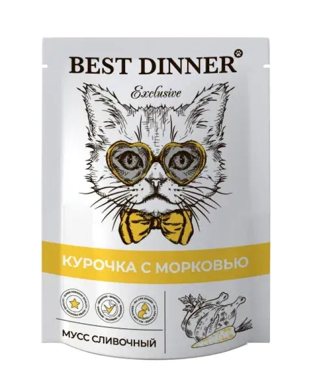 Best Dinner Exclusive влажный корм для кошек мусс сливочный с курочкой и морковью 85 г Зоомагазин «Корм40»