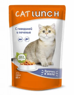Cat Lunch влажный корм для кошек с говядиной и печенью в желе 85 г Зоомагазин «Корм40»