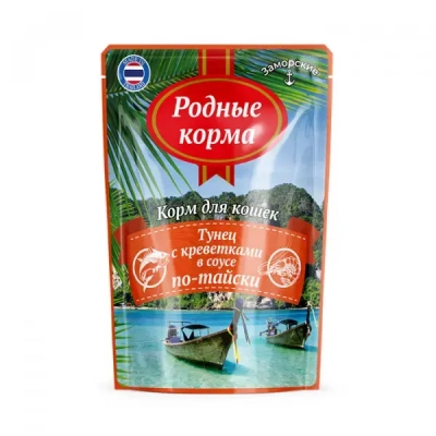 Родные Корма Заморские влажный корм для кошек тунец с креветками в соусе по-тайски 70 г Зоомагазин «Корм40»