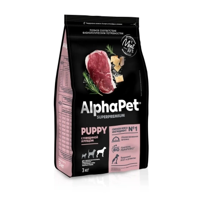 AlphaPet Superpremium сухой полнорационный корм для щенков до 6 месяцев, беременных и кормящих собак крупных пород с говядиной и рубцом 3 кг Зоомагазин «Корм40»